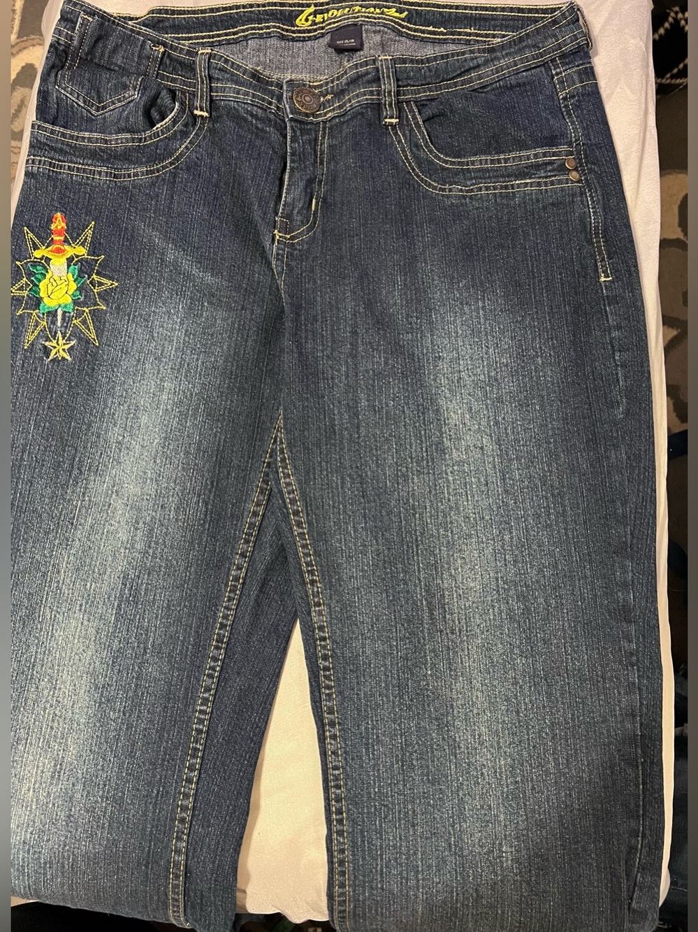 Evolution Girl Dagger Rose Embroidered Jeans 15/16 Y2K Tattoo